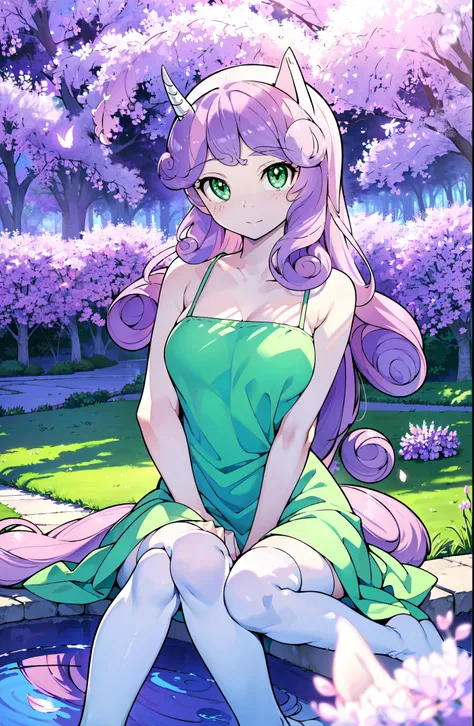 Sweetie belle, sweetie belle from my little pony, sweetie belle in the for of a young girl, solo, 1 girl, in a mythical garden: 2.0, ((light pink and purple hair, coil curls: 2.5, dark green heavenly eyes: 1.5, wearing a green and white dress, happy: 1.5, ...