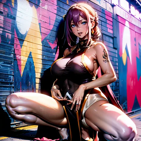 5+girl with，blonde  hair，A pink-haired，brunette color hair，Purple hair and blue hair[Very short hair|Very long braid]Asymmetrical dress]，underboobs，Crouching in front of a wall covered with graffiti，Street fashion，high-heels，extremely sexy posing，plenty of...