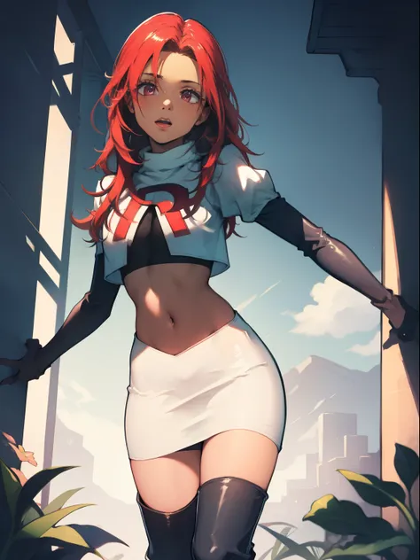 defhapi, team rocket, team rocket uniform, red letter r, white skirt, white crop top, black thigh-high boots, black elbow gloves...