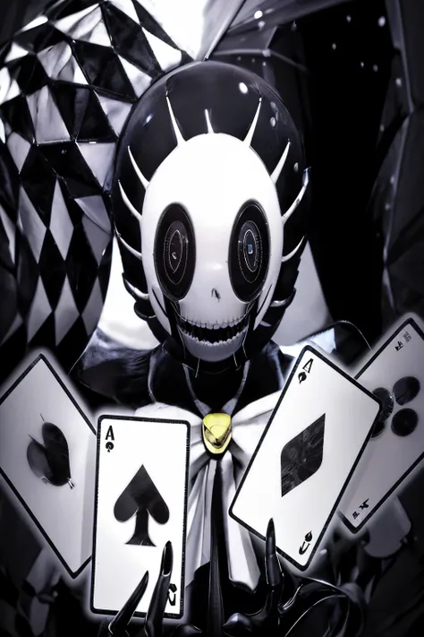 a close-up of a person holding a card with a skull on it, hypervivid intense mcbess, yume nikki, arte digital de danganronpa, em...