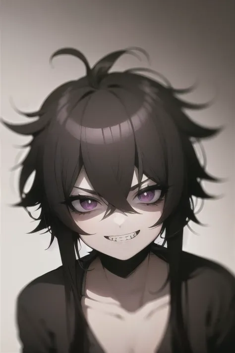 A teenage boy with long, wavy black hair, piercing violet eyes, wearing a black sweater, gazes at the viewer with a psychotic facial expression, sporting a sinister smile and baring his teeth, against a blank white background.