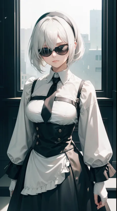 masterpiece, best quality, solo, (yorha no. 2 type b:1.14), (portrait:1.1), (upper body:1.1), medium breasts, expressionless, 1girl, solo, (ruffling hair, messy hair:1.1), medium hair, white hair, background inside the room, best quality, ultra detailed, 1...