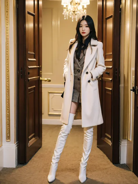 Best quality at best,tmasterpiece,超高分辨率,(actual:1.4),RAW photogr,hyper HD，8K，There is one girl，Stylish clothes,Chanel style，Stylish skinny suit, Long coat，high-class fashion，ellegance, tigh-high boots，Over-the-knee boots，Casual pose，legs long