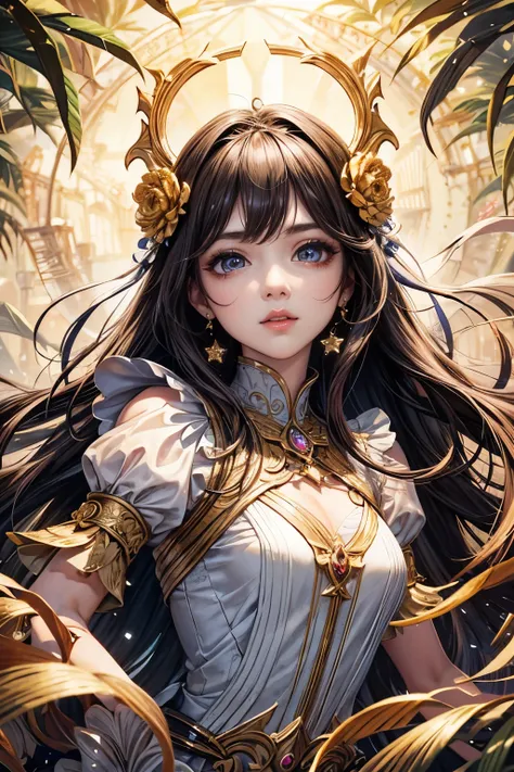 (best quality,8K,CG),detailed upper body,solitary girl,floral forest background,complex facial features,elegant long curly hair,almond-shaped big eyes,detailed eye makeup,long eyelashes,twinkling stars,exquisite lip details,soft and harmonious style.