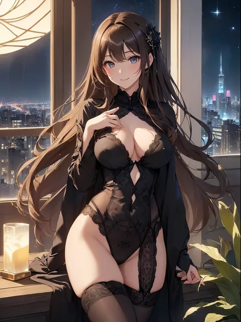 top-quality、Top image quality、​masterpiece、Angle seen from the side、beautiful gothic woman((20yr old、Best Bust、big bast、Bust 90,Beautiful long hair、A slender、a closeup、Esbian、Beautiful underwear、hiquality、Beautiful Art、Luxury hotel in the city、masutepiece、...