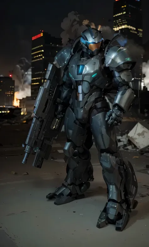 Soldier&#39;s heavy cybernetic metallic mecha suit with some scratches on the armor, color gris con detalles azul verdoso, holds an ultra-modern laser rifle, he is in a totally destroyed modern city, mucho fuego, mucho humo, escombros, 4k, Ultra detallado ...