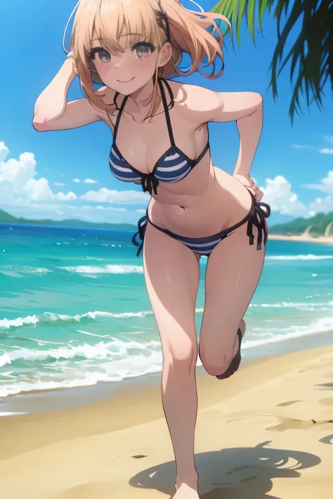 (Jess), 1girl in , Blushing cheeks, {{running on the beach in a bikini}},Full body,((17 age)),side-tie bikini botton, Striped panties, ((A smile))