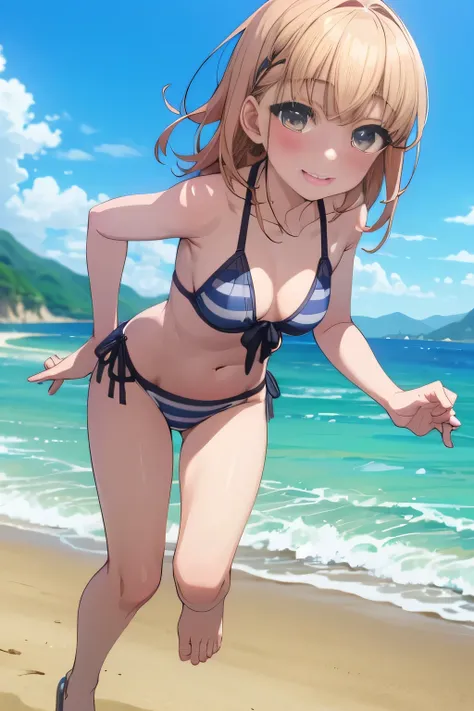 (Jess),   1girl in , Blushing cheeks, {{running on the beach in a bikini}},Full body,((17 age)),side-tie bikini botton, Striped panties, ((A smile))