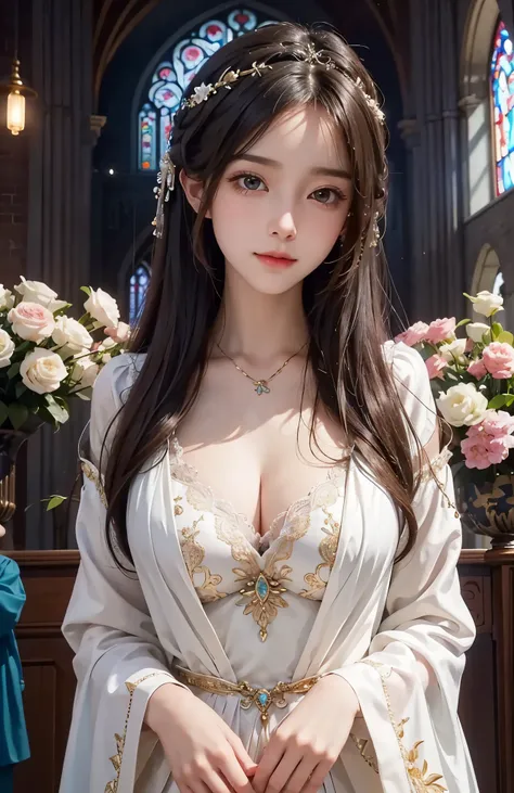 8k RAW photo、Photorealsitic、Film grain noise、Soft Cinematic Lights、One girl、A slender、Fine detailed face、length hair、beautiful hair decoration、Beautiful necklaces、耳环、Graceful pose、Ornate and elaborately decorated costumes、cleavage of the breast、ssmile、At t...