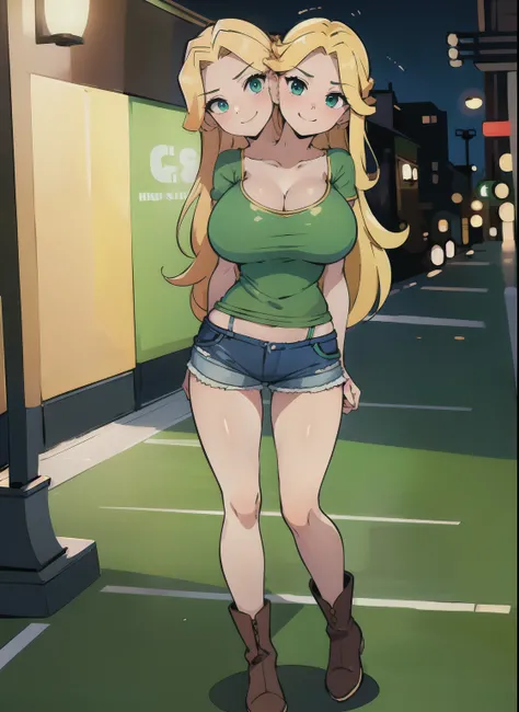 best quality, (masterpiece),(ultra-detailed), (high quality), (high resolution), (2heads:1.5) Gal, blond long hair, wavy hair, large breasts, thighs, cleavage, blue shorts, (full body,best quality:1.5, highres, UHD, 4K), smiling, ((light green t shirt)), g...