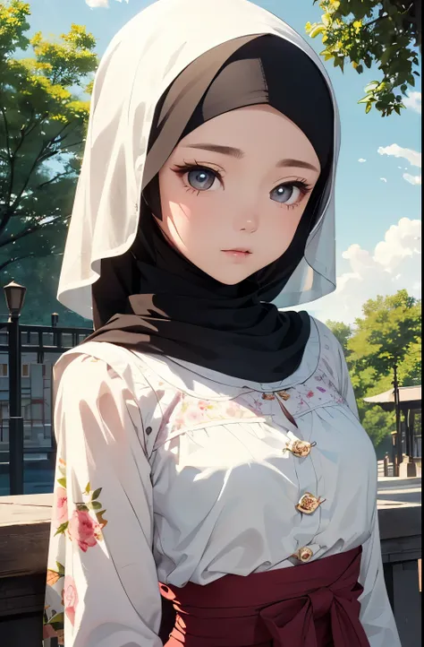 (Close-up of the painting style，Ultra HD 8K，Masterpiece grade CG wallpaper)，Cinematic lighting，cute girly，Delicate and beautiful face，Dreamy pupils，Wearing a small floral blouse，bound waist,hijabi,Bust poem,Sit，Cloudy background,the trees,florals,夏天,Chines...