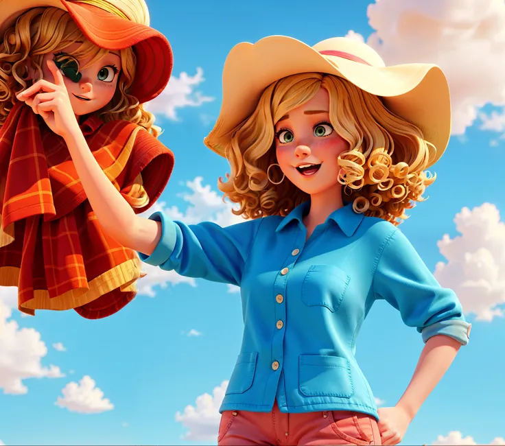 cartoon of a woman named Liz Legge standing, ((pointing up)), (looking_surprised), ((curly blonde hair)), blue_sun_hat, pink_shirt, khaki_pants, highly detailed, masterpiece, very realistic