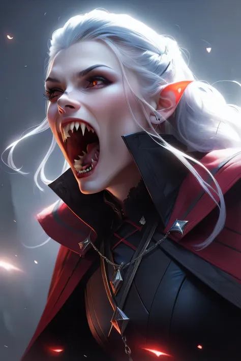 a vampire with fangs showing her about to bite her victim