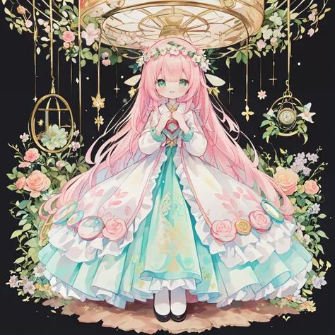 (PastelColors:1.3)、(Cute illustration:1.3)、(watercolor paiting:1.1)、(Layering flowers of 7 colors, iridescent glass clock,Kaleidoscope effect, Senyoshi pattern, Steampunk, gear wheel）、PINKGOLD、a closeup、（A smiling fairy with a motif of a big heart and a sm...