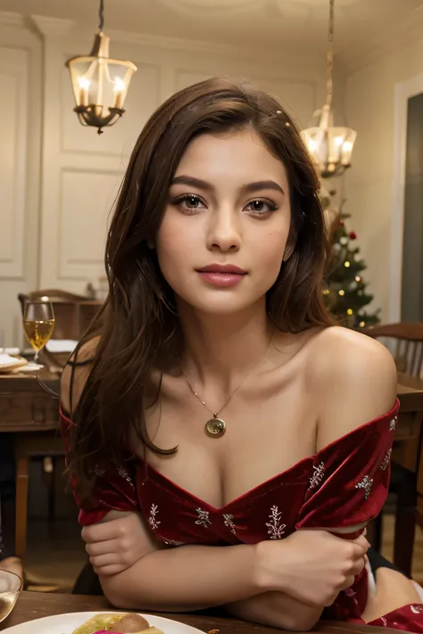 A beautiful girl, a true masterpiece of youthful allure chooses an elegant off-the-shoulder velvet dress A knee-length red fit-and-flare dress with a festive print. Pair with ankle boots for a comfortable yet stylish look. A delicate pendant necklace adds ...