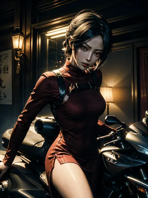 Arti modern anime. angled view, heroic pose, face closeup portrait of stunningly beautiful (Ada Wong from Resident Evil:1.2) heroic brave lady, slim body, (highly ornamented and detailed red silk qipao long dress:1.2), red high heels, depth of field blur e...