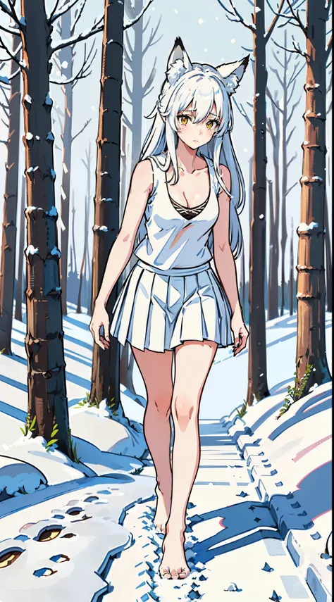 1girl,solo,medium breasts,mature female,((white sleeveless and shoulderless t-shirt,cleavage,bare feets)),(((white pleated skirt))),silver hair,long hair,yellow eyes,fox ears,((walking in snow,in a Forest)),from front,full body,shy,leaning forward