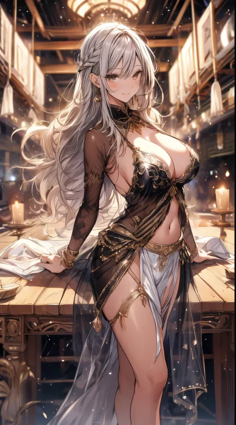 ((Ultra high resolution, 8K RAW photo, super realistics)), ((correct anatomy:1.5, ideal ratio of body proportions)), dancing Oppai gal, swinging boobs, stepping hard, leg up, long wavy hair, silver hair, crimson mesh hair, floating hair, fluttering hair, (...