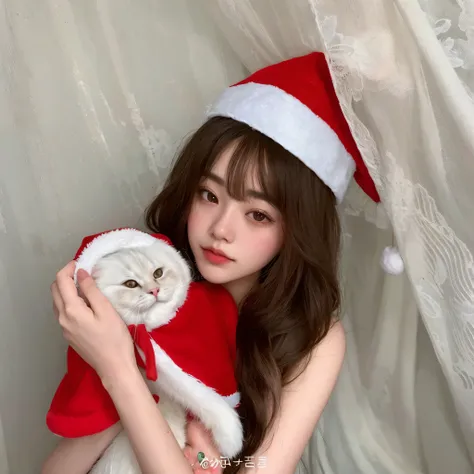 araffe niña in santa hat holding a stuffed animal, very beautiful cute gatoniña, Usando sombrero de Santa Claus, ulzzang, smol fluffy gato wearing smol hat, Usando un sombrero de Santa Claus, Sakimichan, Cai Xukun, Sakimi Chan, encantador y lindo, 8k)), Bl...