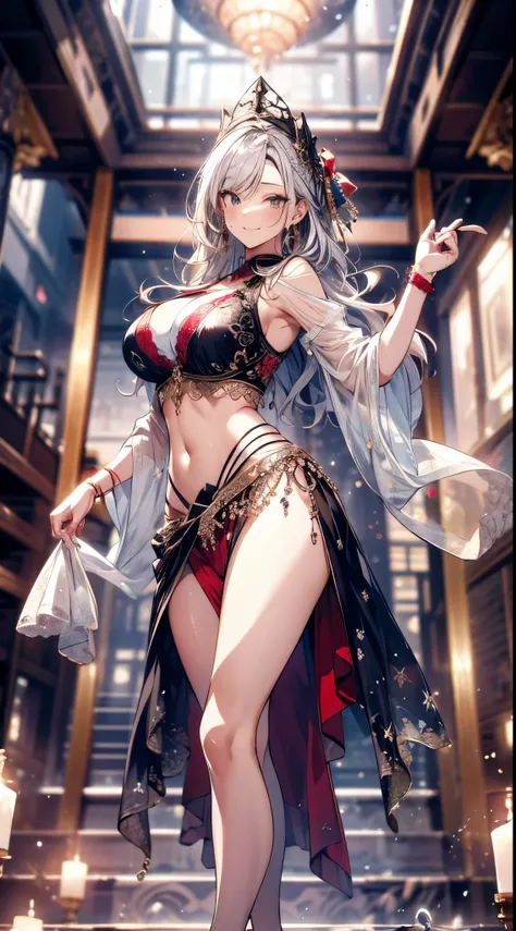 ((Ultra high resolution, 8K RAW photo, super realistics)), ((correct anatomy:1.5, ideal ratio of body proportions, long legs:1.37)), dancing Oppai gal, dancing, swinging boobs, stepping hard, leg up, floating, twisted body, long wavy hair, silver hair, cri...