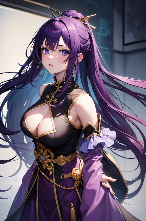 4K,hight resolution,One Woman,purple color  hair,Long ponytail,Blue eyes,Large breasts, cleavage, qipao dress,Inside the Chinese royal family