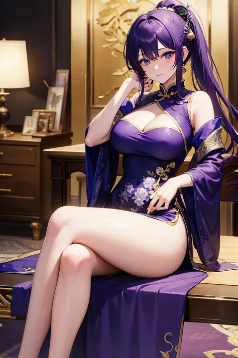 4K,hight resolution,One Woman,purple color  hair,Long ponytail,Blue eyes,Large breasts, cleavage, qipao dress,Inside the Chinese royal family