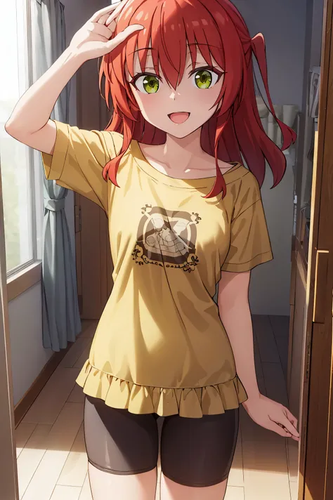 Room, 1 girl, best quality, ultra high res, long hair, red hair, green eyes, looking at viewers, small breast, standing, pov, slim body, loli body, small body, smile, open mouth, yellow shirt, short sleeves, bike shorts,