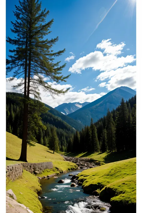 Landscape with mountains, stream, pine trees and clouds