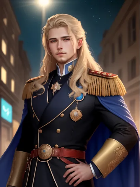 Ultra-high saturation，（tmasterpiece）， foto de corpo inteiro，（melhor qualidade）， （1 cinta）， night city background，Usando unifome miltiar azul marinho， 19th century tsar&#39;s military uniform，Cool-pose， star guardian uniforme，blonde hair，alto detalhe, estil...