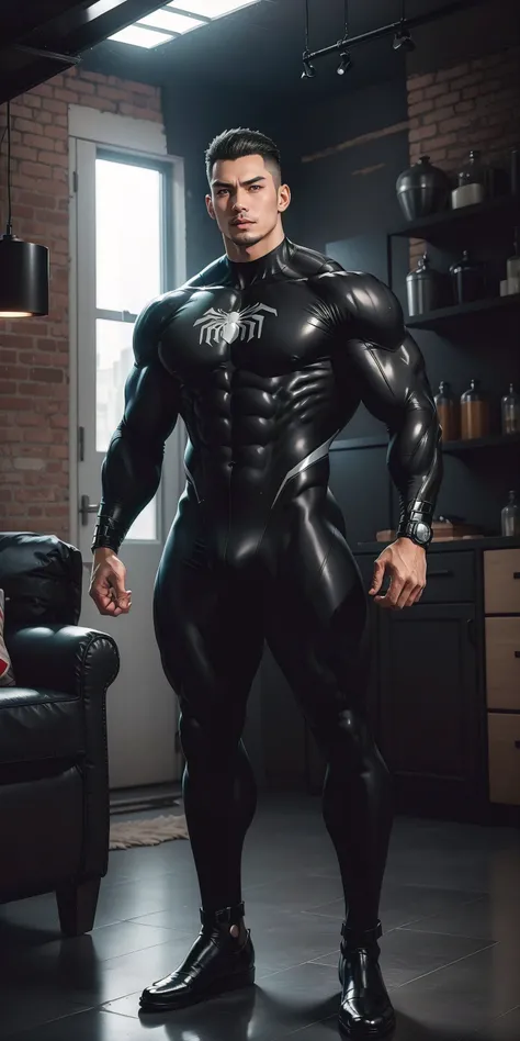 The tall and muscular black Spider-Man, who is 2 meters tall, Open your mouth and shout，He opened his mouth wide，character  design（Marvel Heroelack Spider-Man）Wearing a shiny dark gray wetsuit，The whole body is wrapped，High-end leather texture，Regular symm...