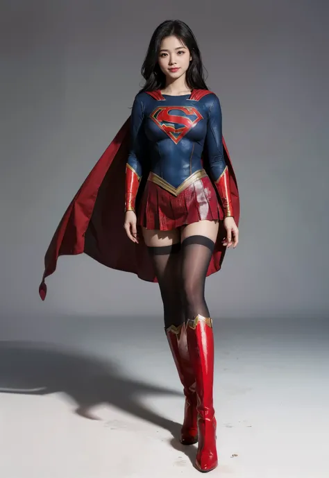 No background、Are sleeping、lying back on、(((Wear black tights on your beautiful legs.)))、(((Grow legs、tall、Legally express the beauty of your smile)))、((((Make the most of the original image)))、(((Supergirl Costume)))、(((beautiful hairl)))、(((Suffering)))、...