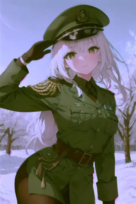 Beautiful ((similing)) Relytvil posing in (dynamic  pose) As an officer in the diesel punk army of WW2, Uniforme de cuero negro con escote con sombrero militar de cuero, Foto referenciada, highest qualityr, alta calidad, (Cara y ojos detallados), dusk ligh...