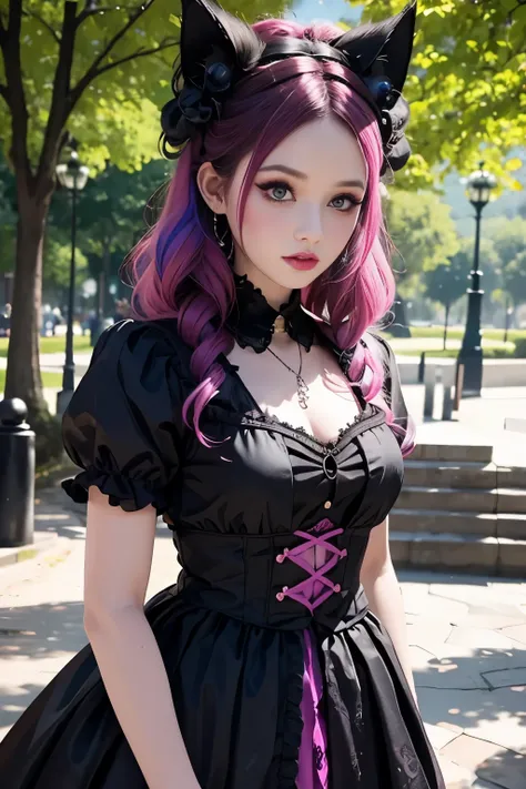 en un hermoso parque una mujer de aspecto moderno. it has a very colorful and striking kawaii gothic style.., con un maquillaje ...