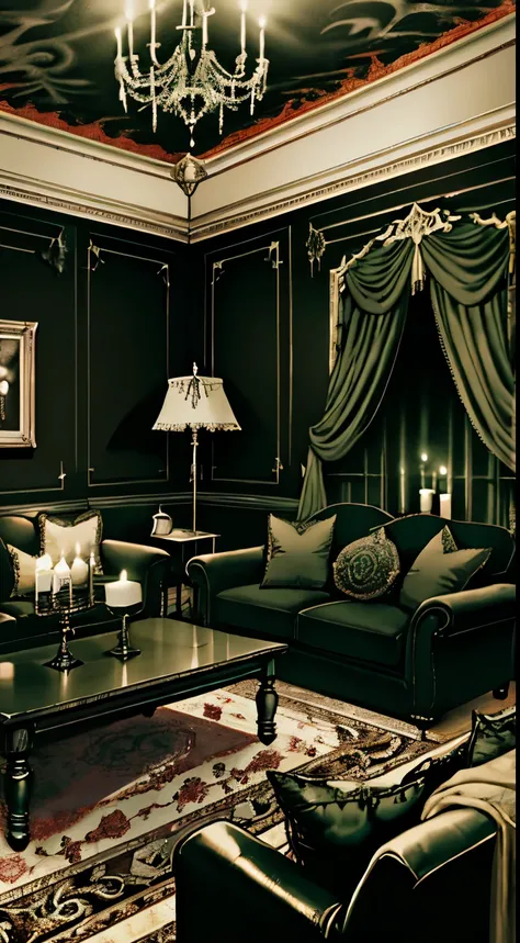 Photography, dark green sofa, black walls, tea table, (living room, Gothic), Dim light, Gargoyles, Dark wallpaper,curtains, waxy candles, Satan painting, decorations, wooden floor, dark night