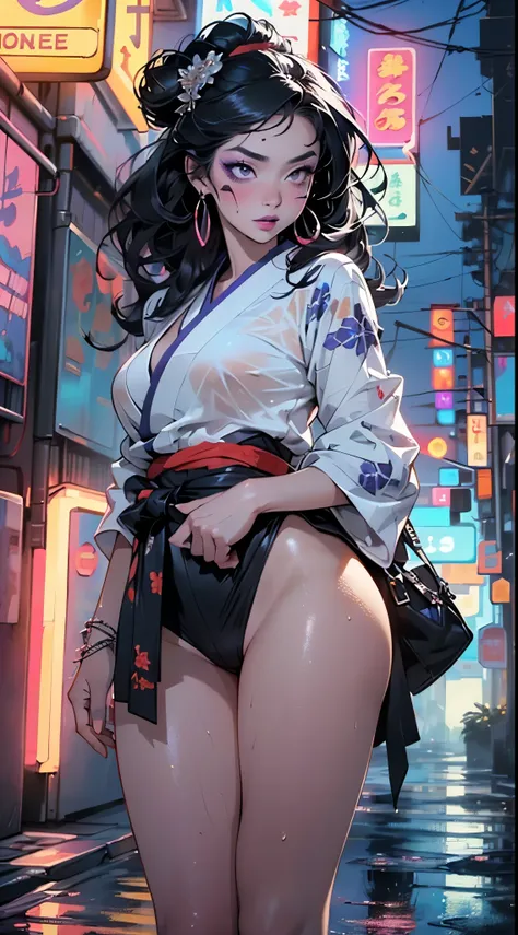 1girl, ((Black hair)), ((Kimono, Geisha)), ((heavy face makeup)), ((hair done up in a Sakkō style)), ((white face paint)), ((heavy makeup, purple eyeliner, purple lips, purple eyeshadow)),large breast:1.4,big booty,(spider lower abdomen,narrow waist,wide h...