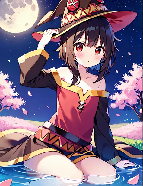 (sitting), small, (bow), (black hair), (short hair), (red eyes), stars in the eyes, hair ornament, (blush), bangs, (a menina_megumin_konosuba in[(evening dress):(((no socks))):0.4]: 1.2), (bare shoulder), collarbone, (white thighs: 1.2), ruffled sleeves, l...