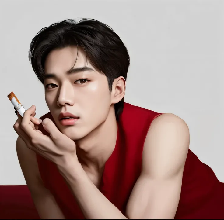 araffed asian man in red shirt holding a cigarette, Jung Jaehyun, Cai Xukun, Kim Doyoung, Jiminlabios regordetes, Jinyoung Shin, Hsiao-ron, JIA, Yanjun chengt, Sha Xi, Taejune Kim, Jimin, Yan, Hyung Tae, por Ni Tian, Siwoo Kim, Hong June Hyung, park Jimin