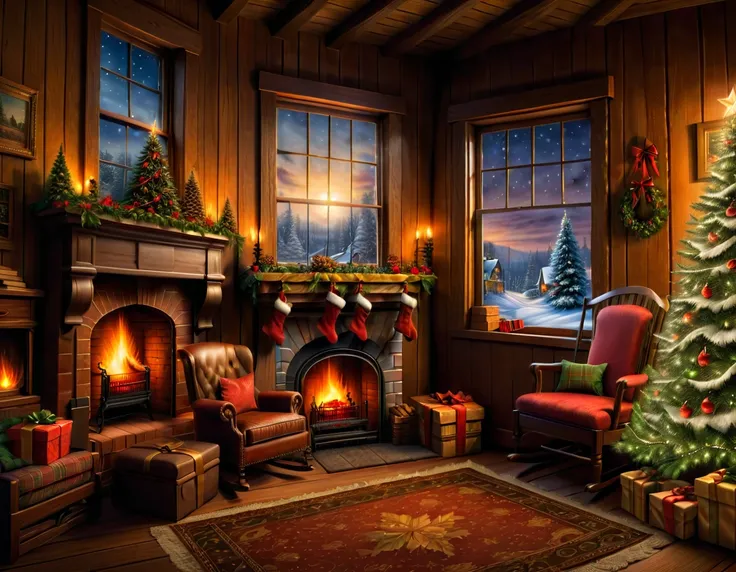 Fader room with Christmas tree, a chair, a fireplace and a window, images inspired by terry redlin, Multiple Count Contest Winner, Extremely complex, charming scene of a, cozy environment, comfortable atmosphere, Santa&#39;s workshop, cozy environment, coz...