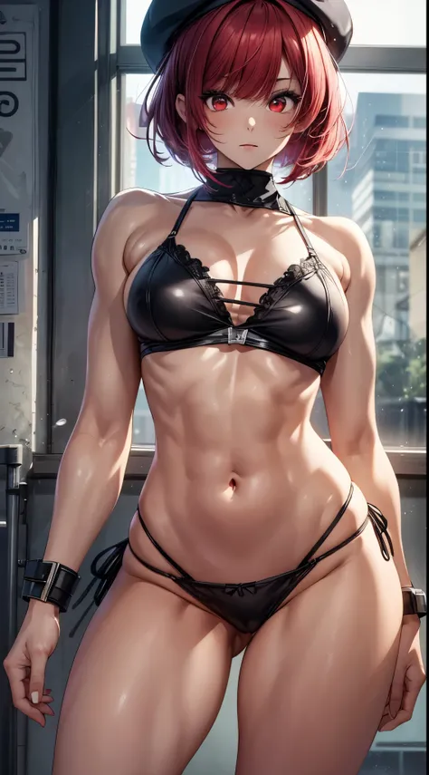 (((1 girl))), Kana Arima, bob cut, (((red eyes: 1.5))), red hair, short hair, BREAK Beret, (Wearing a very sexy and short bikini), hat, (belly muscular), wide hips, thin waist, (shapely legs), wearing black high-heeled shoes, (((standing))), break looking ...