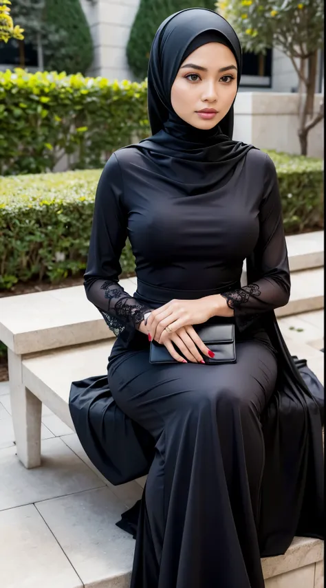 RAW, Best quality, high resolution, masterpiece: 1.3), beautiful Malay woman in hijab,Masterpiece, perfect slim fit body, big breast,big gorgeous eyes, Soft smile,beutiful face,a woman wearing a black and white checkered dress with a black purse, sitting, ...