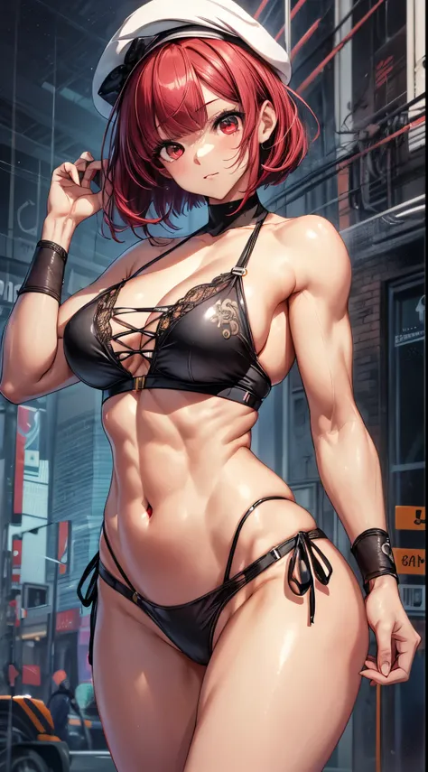 (((1 girl))), Kana Arima, bob cut, (((red eyes: 1.5))), red hair, short hair, BREAK Beret, (Wearing a very sexy and short bikini), hat, (belly muscular), wide hips, thin waist, (shapely legs), wearing black high-heeled shoes, (((standing))), break looking ...