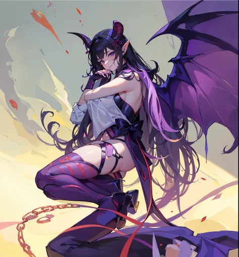 portrait,solo person,a beauty girl,Hair over the shoulder,succubi,Happy,pointy ears,goat horn,high-heels,Put your hand to your mouth,Crossed waist with one hand,Whitish skin tone,Bow collar,比基尼,grin,Magic pupil,a garter belt,The demons,The demons翅膀,Bat win...