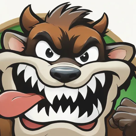 Cartoon image of a dog with a big mouth and tongue, Maskottchen-Illustration, Cel schattierte Vektorgrafik, Crash-Bandicoot-Artstyle, round teeth and silly face, Anthro Wolf Gesicht, Vollfarbige Illustration, Portrait of a retarded wolf, Ein anthropomorphe...