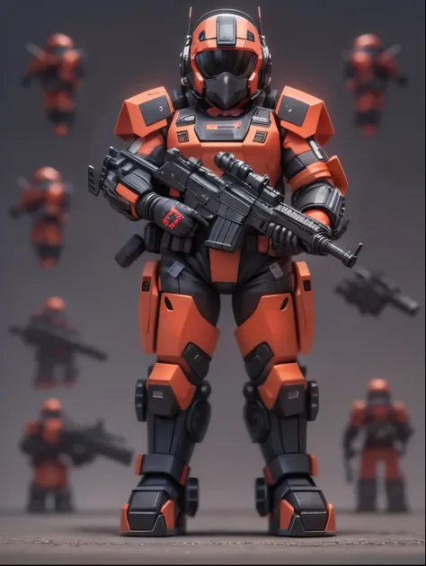 (Blind box toy style:1.2), (Full body shot) , 1 cute fat metal male machine gunner, Metal mech，Metal opaque helmet, cyber punk perssonage, dreamy glow, Clean, Black draft,Red and black style， ( Global illumination, Ray traching, hdr, unreal render,reasonab...