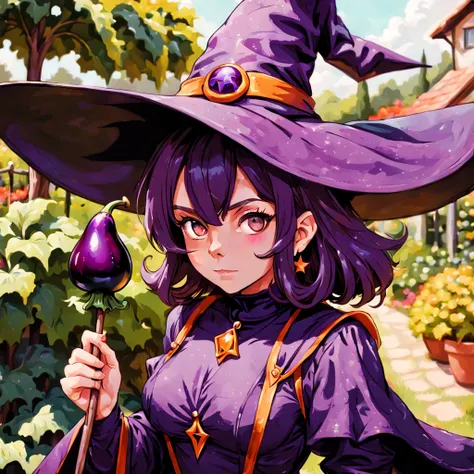 Witch in eggplant color with witch hat with a eggplant pin and witch outfit and a wand with a eggplant on it, background garden, in macro realism anime art style