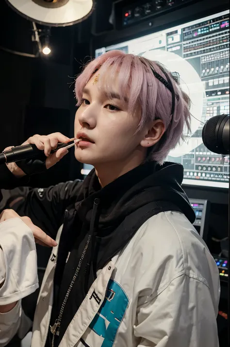 Yoongi from BTS in a studio recording music while holding a cigarette in his hand