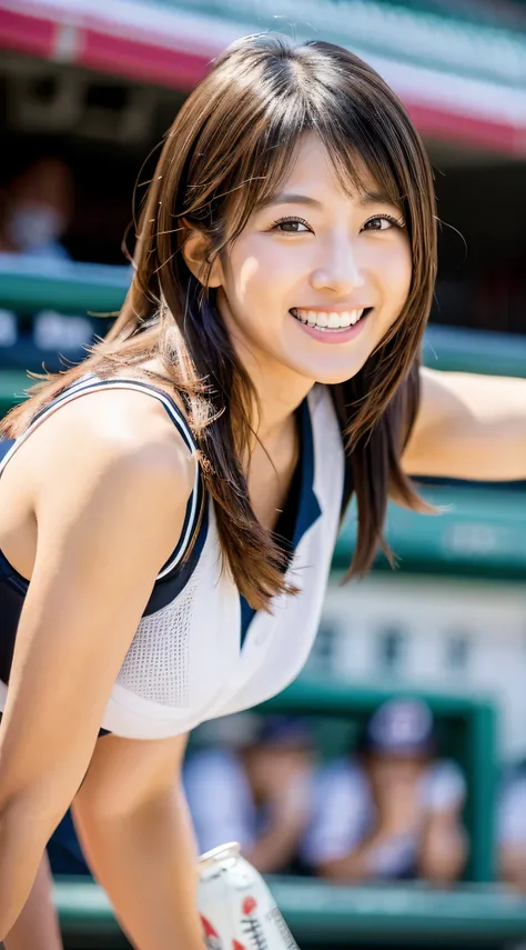 Highest resolution, 4K, Masterpiece: 1.3), A Japanese milf, photo of one lady, Sexy: 1.1, fine eyes, Slender figure, Realistic teeth, double eyelids, smile, full body, best quality, detailed, beauty, beer vendors, at the baseball stadium