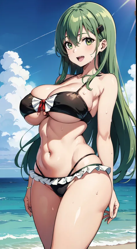 solo, milf, suzuya, kantai collection, huge breasts, long hair, frilled bikini,tube top,long hair, green hair, wide  hips,looking at viewer, wide hips, open mouth, smile, beach, sweat body, wet body, light,navel,cowboy shot,under boob