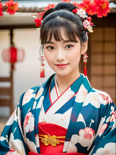 ( (8K:1.27),美しいbeauty of books詳細, of the highest quality,Red and white floral kimono, masutepiece, 超A high resolution:1.2) Photo of a cute Japanese woman,Details of face, (Beautiful:1.1)beauty of books,fullbody image,