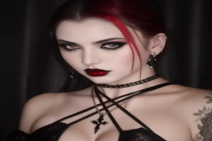 um close up de uma mulher com cabelos ruivos e um top preto, gothic horror vibes, 1 7 - year - old goth girl, wearing goth makeup, pale goth beauty, very beautiful goth top model, goth makeup, androgynous vampire, dark goth queen, goth girl, olhos escuros ...